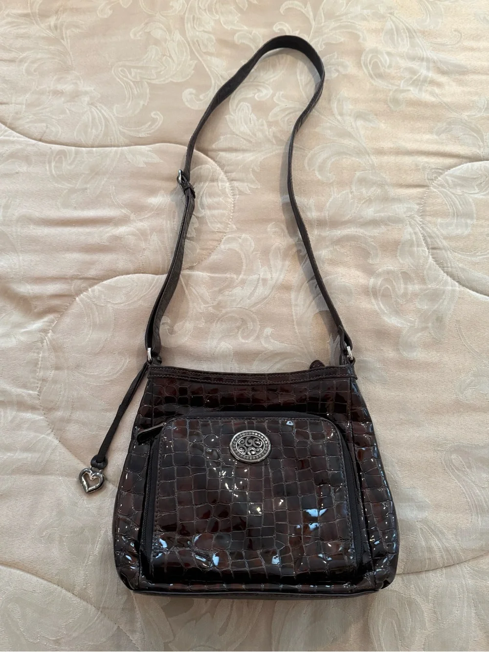 Brighton Vintage chocolate brown glossy Croc-Embossed Leather Messenger Bag